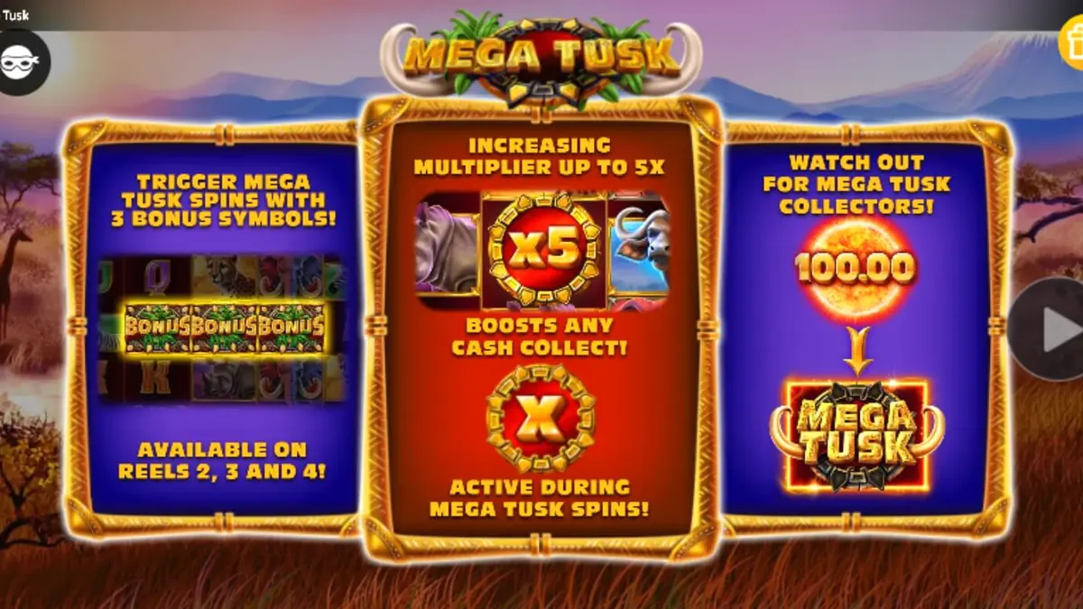 Tampilan visual slot Mega Tusk dengan latar belakang sabana Afrika saat matahari terbenam.